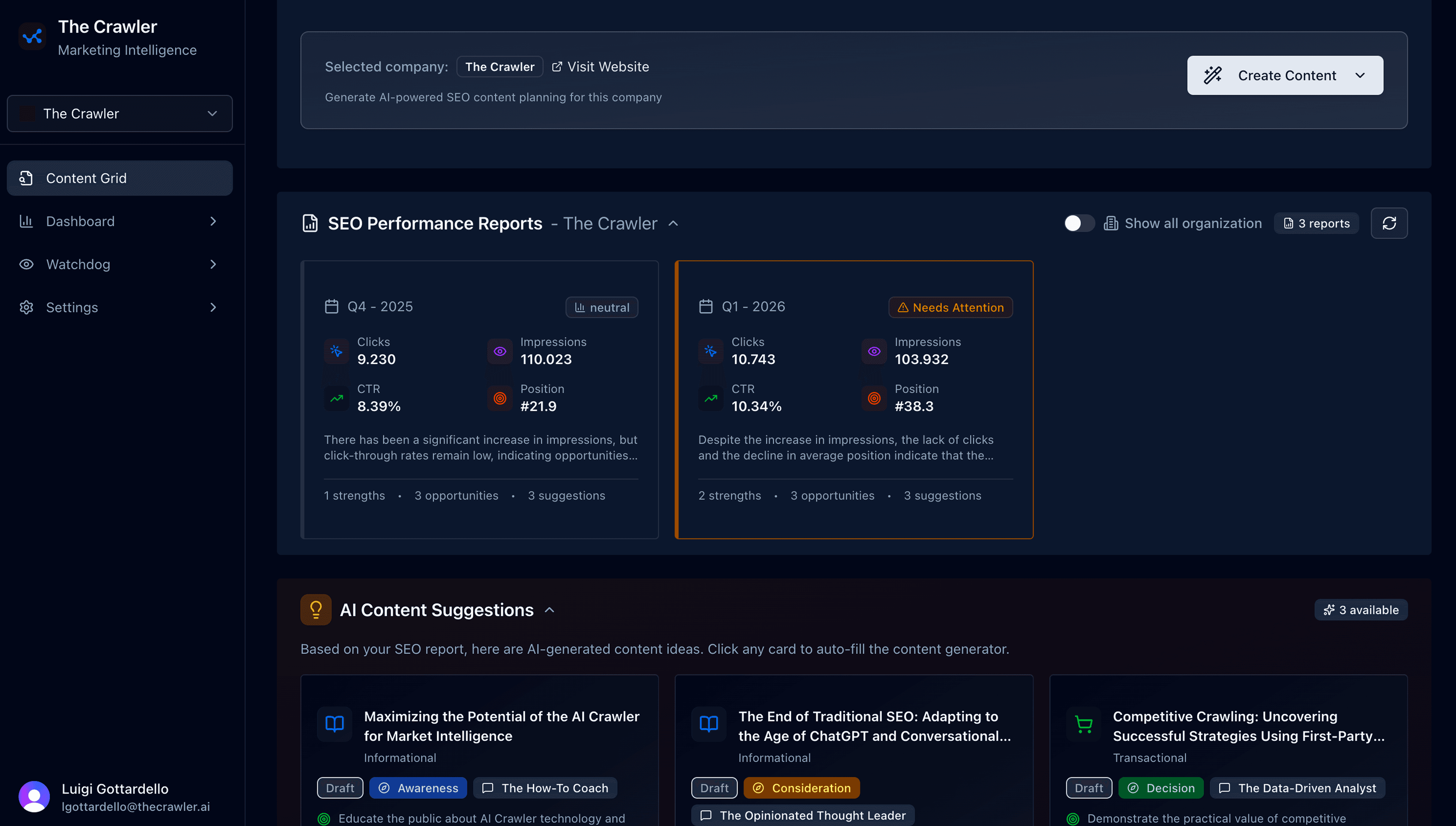 The Crawler product interface — content and SEO workspace